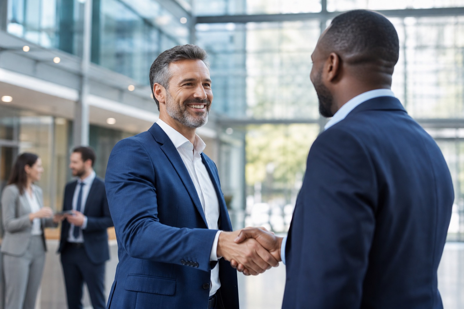 Business partners shaking hands after a social-selling-driven opportunity